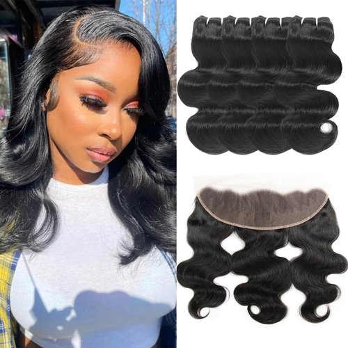 Human Hair Bundles with Frontal (14 14 16 16+14Frontal) 12A Body Wave Bundles with Frontal 13x4 HD Lace Frontal Brazilian Virgin Hair 4 Bundles with Frontal 150% Density Natural Color
