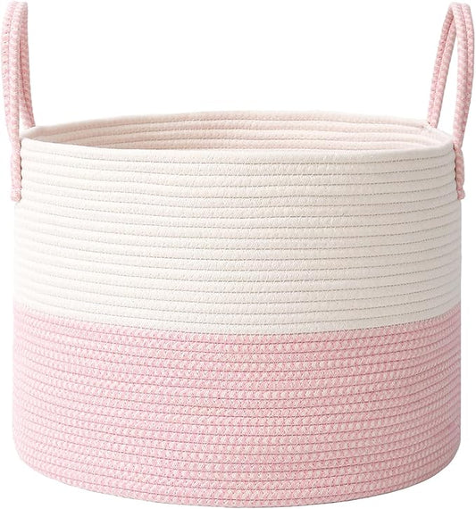 JMvicyroam 65L Extra Large Blanket Basket for Living Room - Woven Cotton Rope Laundry Hamper with Reinforced Handles - Storage Bin for Pillows, Comforters & Toys - Machine Washable,White&Pink