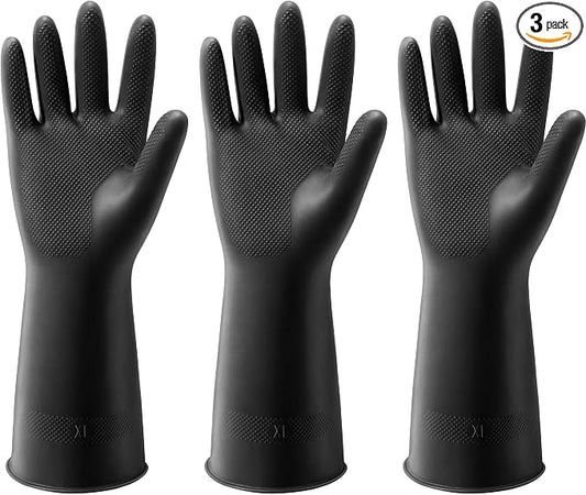 ThxToms 3 Pairs Dishwashing Gloves, Reusable Latex Cleaning Gloves for Housework Kitchen Bathroom, Durable Flexible & Anti-slip, Smooth Lining, Easy On & Off, Extra Large, Black