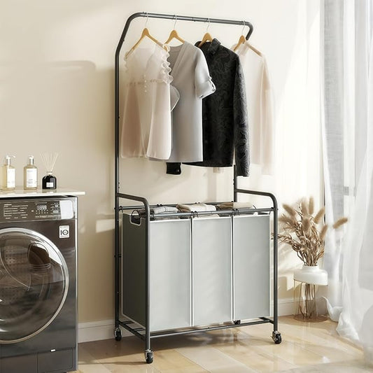 ROMOON Laundry Sorter Hamper with Hanging Bar, 3 Section Rolling Laundry Cart with Clothes Rack & Heavy-Duty Lockable Wheels, Divided Laundry Basket Organizer for Apartment & Small Spaces (135L Grey)