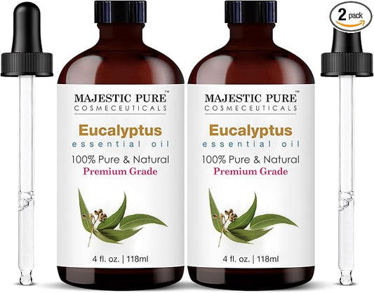 Majestic Pure Essential Oil with Glass Dropper - 100% Pure and Natural - Essential Oils for Diffuser, Aromatherapy, Soap and Candle Making, Eucalyptus Essential Oil, Eucalyptus Oil, 4 Fl Oz Pack of 2