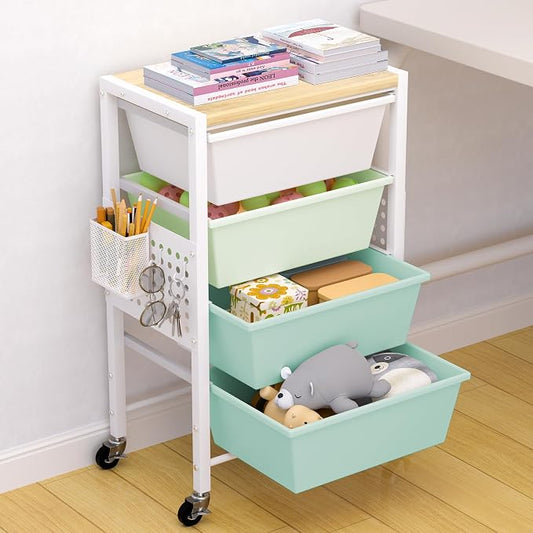 Rolling Cart with Drawers, Rolling Storage Cart with Large Plastic Drawers & Wooden Tabletop, Utility Cart with Pegboards & Basket, Storage Drawers Cart for Living Room, Classroom, Bedroom, Office