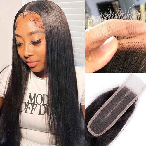 Mnador 2x6 SKINLIKE Real HD Lace Closure Deep Parting Straight Human Hair 0.095mm Ultra-thin hd lace Closure Tiny knots Brazilian Virgin Human Hair Closure pre plucked with Natural Hairline, 20inch