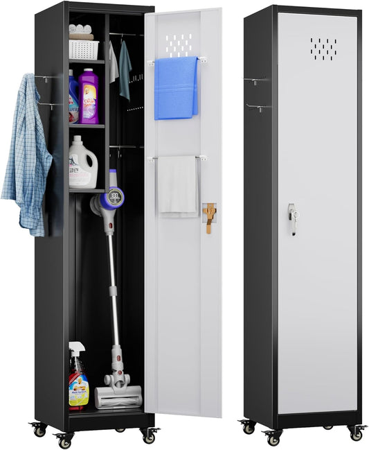 72''H Metal Broom Closet Storage Cabinet with Wheels & Pegboards, Mops Broom Closet Organizer with Locking Door & Hanging Rod,Cleaning Tool Garage Cabinet,Assembly Required,Black White