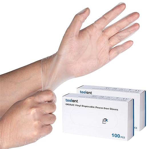OKIAAS Disposable Gloves S, Food Safe, Bulk of 200 Pcs|Latex and Powder-Free Clear Vinyl Gloves for Cleaning, Food Prep