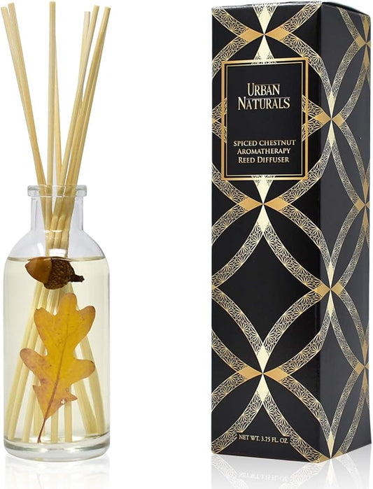 Urban Naturals Spiced Chestnut Reed Diffuser Sticks and Oil Set – Comforting Autumn Scent of Chestnuts, Cinnamon, Clove and Cedar Wood with Real Acorns and Fall Leaves – 3.75 Ounces – Made in the USA