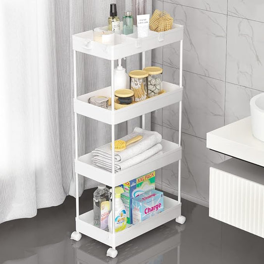 SPACELEAD 4 Tier Rolling Cart with Wheels, Storage Craft Art Trolley Organizer Serving, 3 Hanging Baskets Easy Assembly, for Office, Living Room, Kitchen