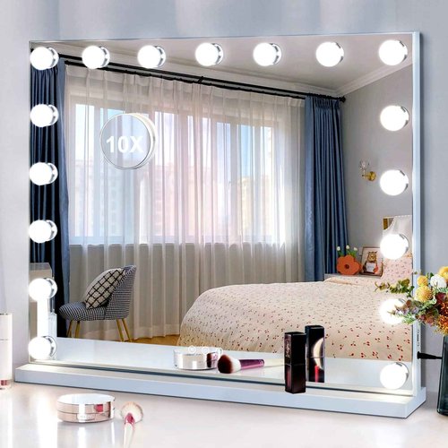 DASLAVA Vanity Mirror with Lights -17 Bulbs, 25" x 21" Large Hollywood Vanity Mirror, 10X Magnifying, 3 Colors Modes, Touch Control Mirror with Lights, Tabletop or Wall-Mounted, USB Charging Port