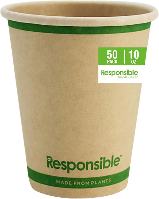 Certified Compostable 10 oz Paper Cups, Cold ＆ Hot Coffee Cups, Disposable Paper Cups, Extra Strength Disposable Cups, Made without PFAS (50 count)