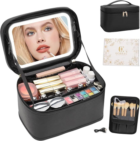 OCHEAL Makeup Bag with LED Mirror, Travel Cosmetic Organizer Vanity Case with 3 Color Setting Light Up Mirror for Women Beauty Tools Accessories Rechargeable - Black