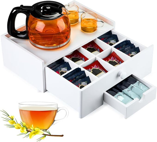 Cinnvoice Tea Bag Organizer Wood Tea Organizer Storage Box 8 Compartments Container Holder with Lid to Storage and Keep Fresh(White)