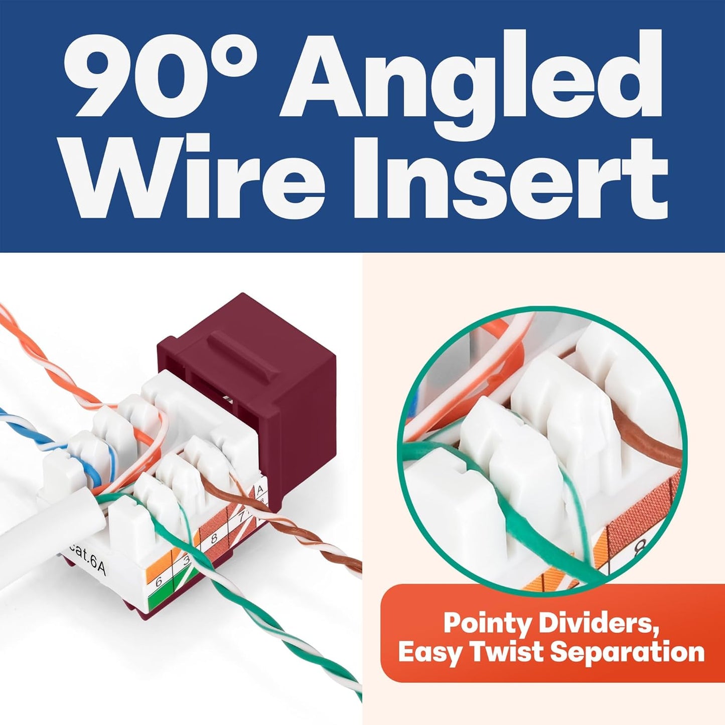 Everest 90° Angled RJ45 Cat6A Keystone Jacks 50-Pack in Red - Slim Profile Female RJ45 Connectors - Cat 6A Keystone Jack - Compatible with 90° Angled Speed Termination Tool - easyJACK (B094WB91H3)