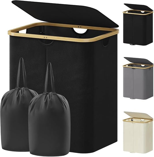 Lifewit 120L Double Laundry Hamper with Lid, Large Laundry Basket with Removable Bag & Bamboo Handles, Fodable Tall Dirty Clothes Hamper for Laundry Collapsible Bin for Bathroom Bedroom Dorm, Black