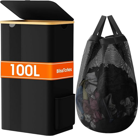 BlissTotes Laundry Basket with Lid, 100L Clothes Laundry Hamper with Handles and Removable Laundry Bag, Breathable Design Hamper with Lid for Bedroom, Bathroom, Dorm, Laundry Room - Black