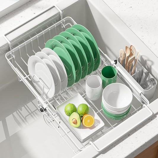 Kitsure Dish Drying Rack – Expandable in-Sink or Over-Sink Dish Rack for Kitchen Counter, Rust-Resistant Metal Dish Strainer with Cutlery Holder, 10.82"-17.12" L x 11.02" W x 3.93" H, Grey