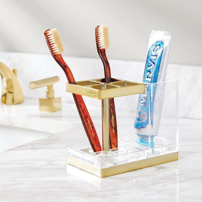 mDesign Plastic Toothbrush and Toothpaste Storage Organizer Holder - Home Decor for Bathroom Countertop - Holds Toiletries and Beauty Accessories - Lumiere Collection - Clear/Soft Brass