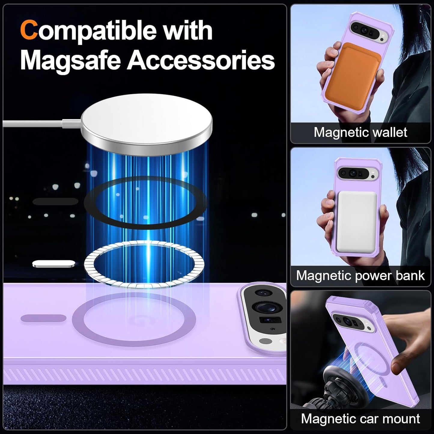 Magnetic for Google Pixel 9 Pro XL Case, [Military Grade Drop Protection] [Compatible with MagSafe] Shockproof Slim Translucent Matte Anti-Slip for Women Girls Men Case, Lavender