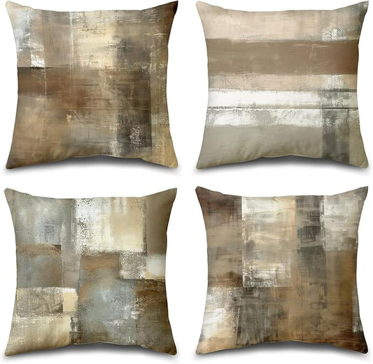 Brown Tan and Gray Set of 4 18 x 18 Inch Throw Pillow Covers,Taupe Modern Art Abstract Painting Home Decor Couch Pillow Covers Neutral Decorative for Sofa Bedroom Living Room
