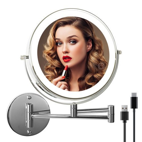 SLIMOON 8" Wall Mounted Lighted Makeup Mirror with Magnification, 1X/10X Magnifying Mirror with Light, 3 Color Lights, Extendable Double Sided 360° Swivel Bathroom Mirror Type-C Rechargeable (Silver)