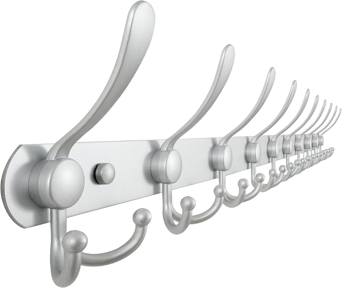 Dseap Coat Rack Wall Mount - 38” Long 10-Tri-Hooks Heavy Duty Coat Hanger Rail Wall Hooks for Hanging Coats Hats Clothing Clothes Purse Mudroom Entryway, Silver
