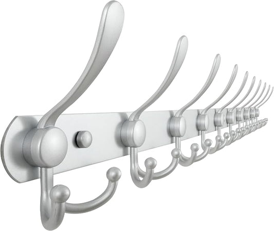 Dseap Coat Rack Wall Mount - 38” Long 10-Tri-Hooks Heavy Duty Coat Hanger Rail Wall Hooks for Hanging Coats Hats Clothing Clothes Purse Mudroom Entryway, Silver