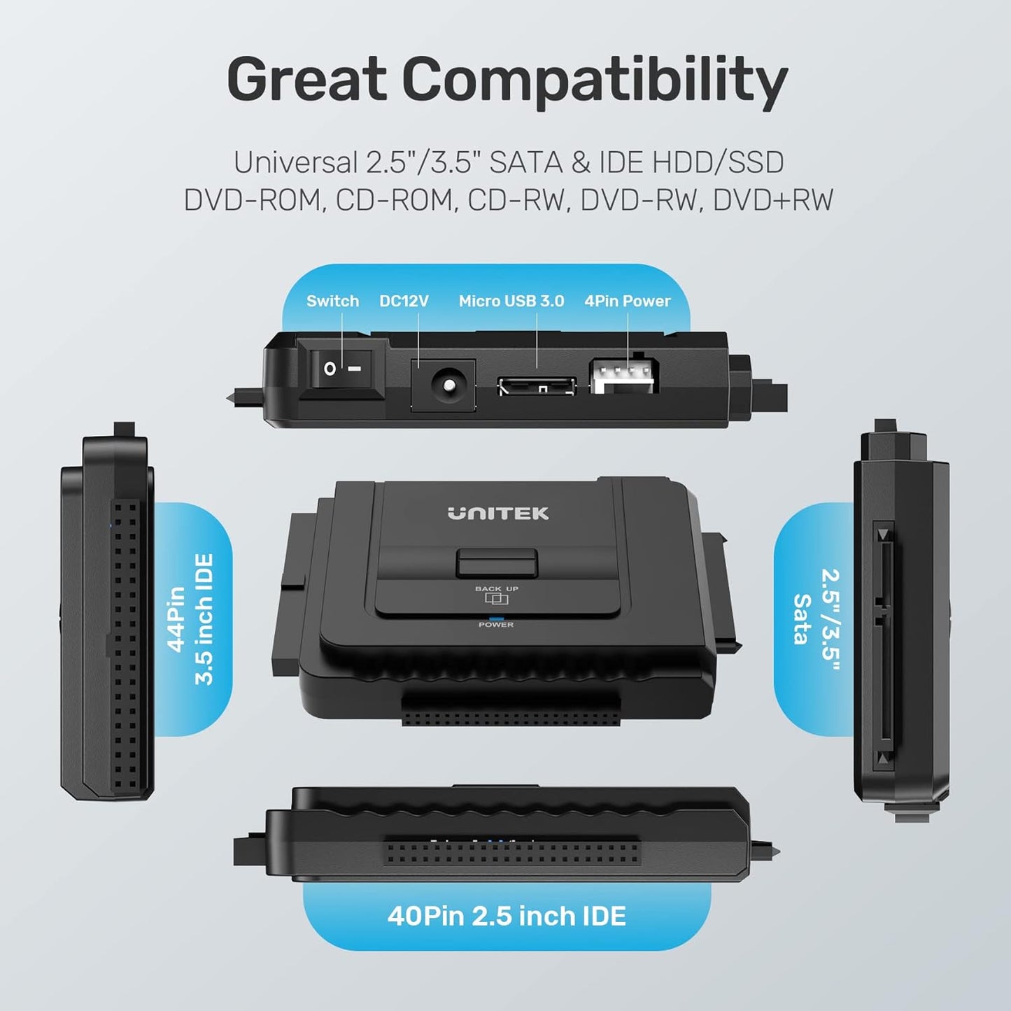 Unitek USB C to IDE and SATA Converter External Hard Drive Adapter Kit for Universal 2.5/3.5 HDD/SSD Hard Drive Disk, One Touch Backup Function, Included 12V/2A Power Adapter