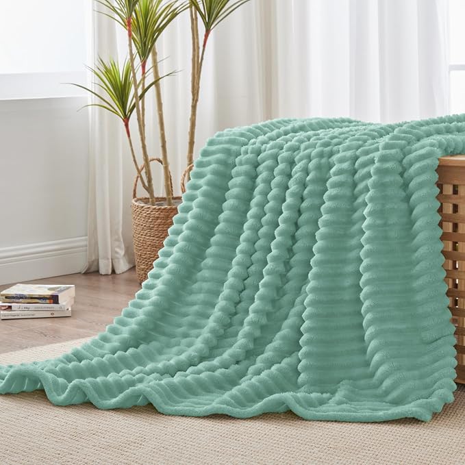 BEDELITE Twin Blanket for Couch & Bed, 300GSM Soft & Warm Fleece Blanket, Decorative and Giftable Striped Mint Blue Blankets for Women, Men, 60"x80"