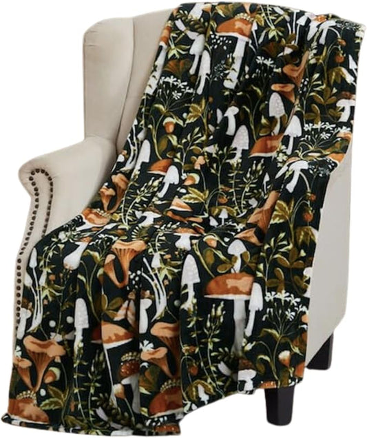 Serafina Home Mushroom Fleece Throw Blanket: Floral Forest Black Brown Beige and White, 50" x 70"