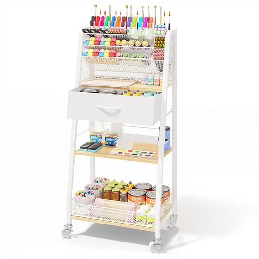 Homsorout 3 Tier Rolling Cart - Metal Utility Cart with Storage Drawer and Wheels, Versatile Art & Craft Organizer for Home, Office, or Studio - Ideal for Storing Brushes, Paints, and Supplies（Maple）
