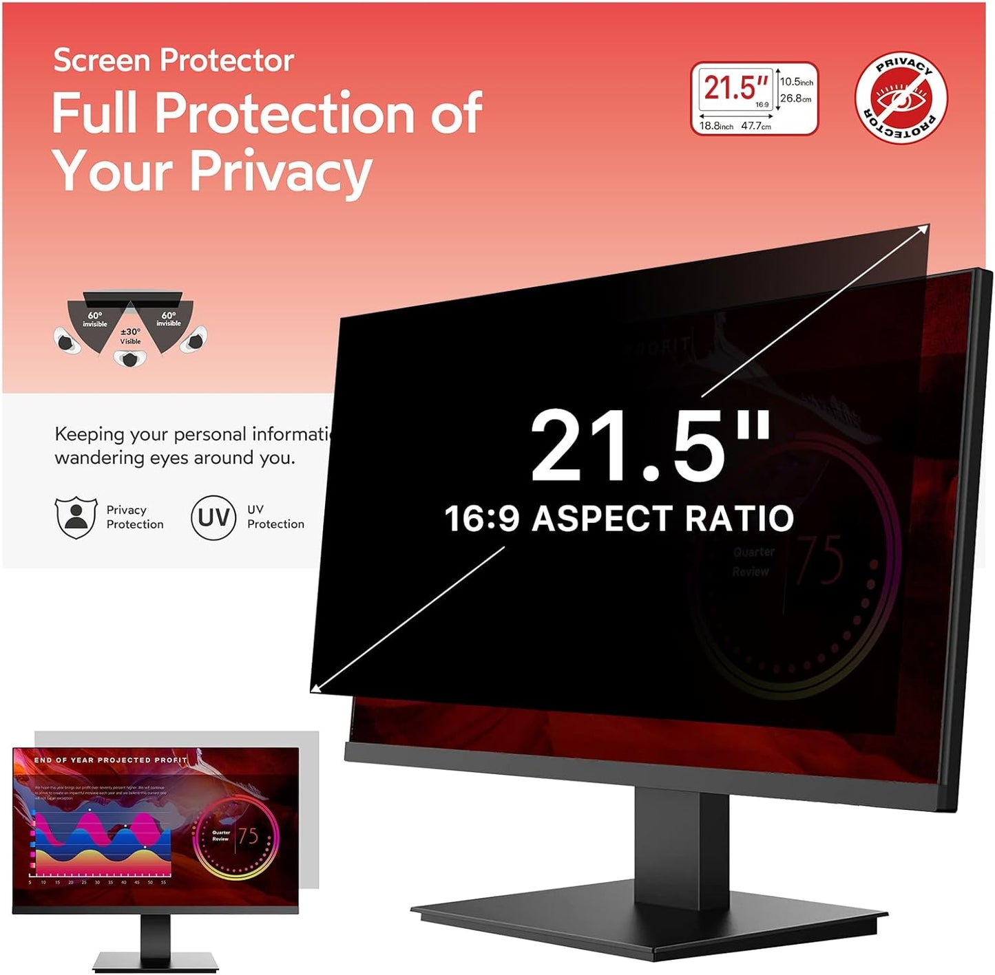 BERSEM 21.5 Inch Monitor Computer Privacy Screen Filter for 16:9 Ratio,Removable Monitor Anti-Glare & Privacy Filters for 21.5 Inch, Anti Blue Light, Anti-Spy, Anti-Scratch, UV-Blocking