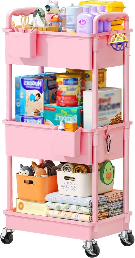SUNALLY Baby Diaper Caddy Cart, 3 Tier Rolling Diaper Cart with Lockable Wheels for Nursery Essentials, Large Capacity & Easy Assemble Diaper Storage Organizer for Newborn,New Mom, Pink