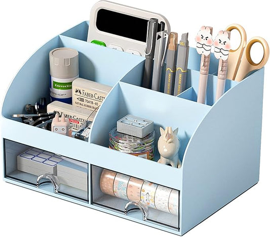 COMFYROOM Desk Organizer with 6 Compartments and 2 Drawers, Plastic Makeup Organizer, Pen Holder for Desktop Storage, Desk Organization for School, Home, Office Supplies (Blue)