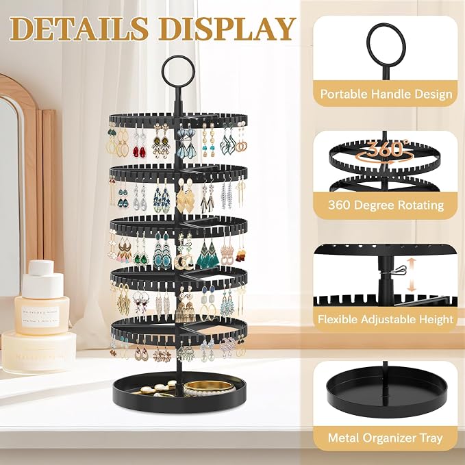 MODOWEY 5 Tier Rotating Earring Holder Organizer Display Tree with Metal Tray, Adjustable Plastic Stand with 285 Slots for Stud Hoop Hanger, Large Capacity Storage Rack for Women Space Saving, Black