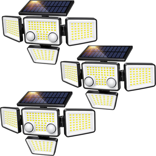 Solar Outdoor Lights - 3000LM 188 LED Motion Sensor Outdoor Lights, 4 Heads Security Light,IP65 Waterproof, Easy Install,270°Wide Angle Flood Wall Light with 3 Modes for Backyard Yard (3 Pack)
