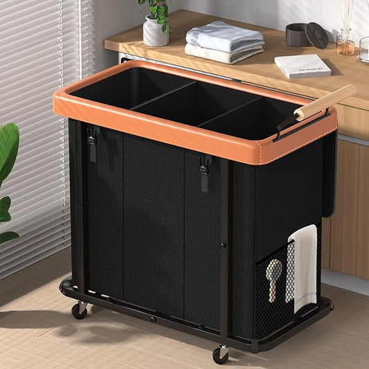 Rolling Laundry Hamper with Wheels, Laundry Hamper 3 Section with Lid, Laundry Basket with Rolling Lockable Wheels and Handle, Laundry Basket Organizer for Laundry Room, Bedroom 230L Black