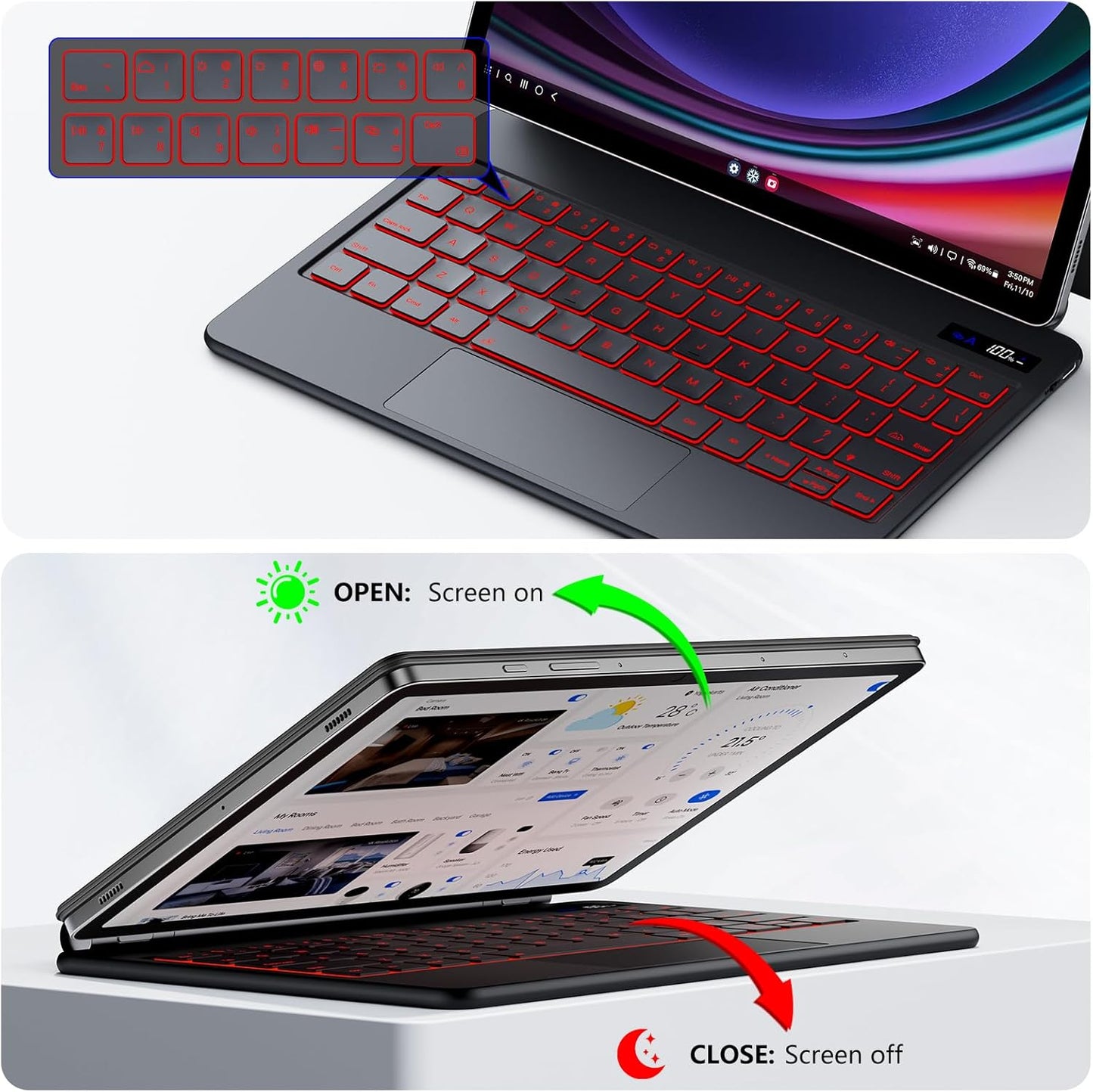 Magentic Keyboard Case for Samsung Galaxy Tab S10 FE/S9 FE 5G 10.9", Tab S9/S8/S7 11", Backlit Wireless Bluetooth Magic Keyboard Case Cover Stand Multi-Touch Trackpad LED Power Display-Black