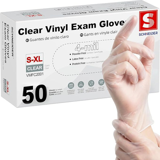 Schneider Clear Vinyl Exam Gloves, Latex-Free, Disposable Medical Gloves, Cleaning Gloves, Food Safe, Powder-Free, 4 mil