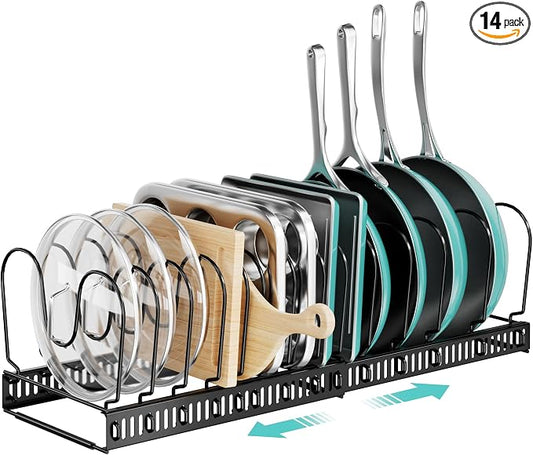 ORDORA Pots and Pans Organizer under Cabinet with Pot Lid Organizer, Expandable Rack for Pan and Pot Organizers Inside Cabinet, 11.8"-22.8" Adjustable with 14 Dividers for Kitchen Organization, Black
