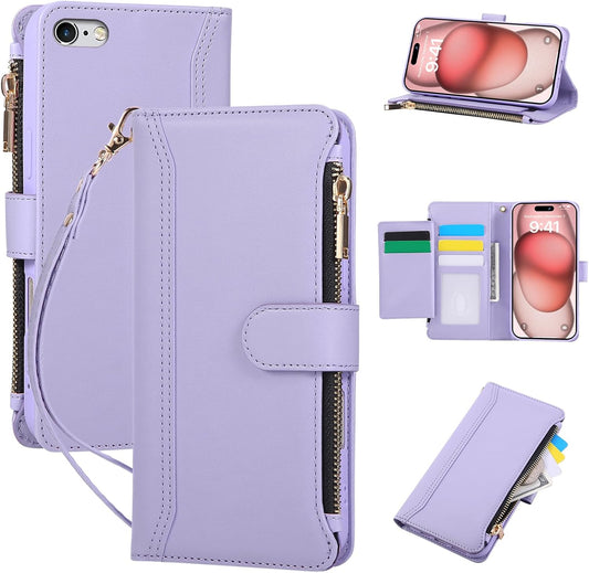 Compatible with iPhone 7/8/SE 2020/SE 2022 Wallet Case PU Leather Shockproof Protective Cover with Credit Card Slots, Zipper Pocket Detachable Wrist Strap,Unisex Design for Men/Women-Purple
