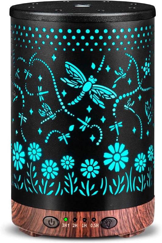 Essential Oil Diffuser 120ML Metal Aromatherapy Diffuser with Timer, Cool Mist Humidifier with Auto Shut-Off & 7 Color Lights for Home Office Spa (Dragonfly)