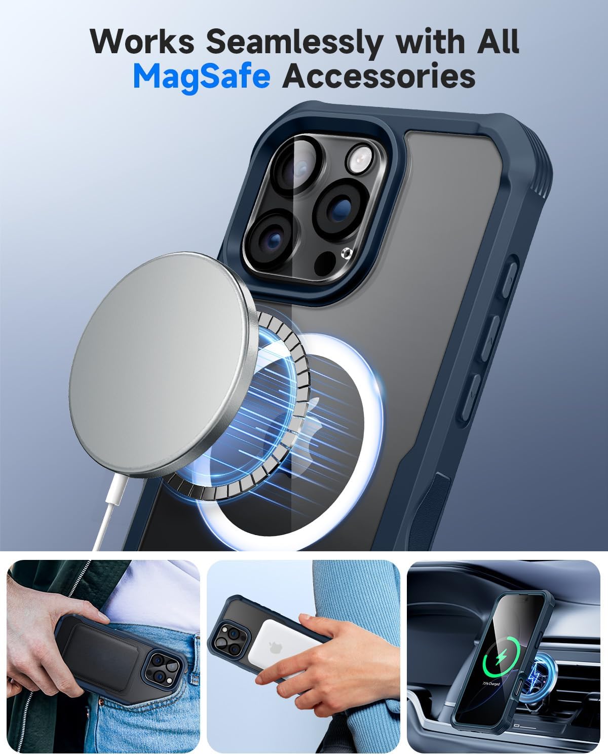 seacosmo for iPhone 16 Pro Max Case, Full Body Bumper with Built-in 9H Tempered Glass Privacy Screen Protector and Camera Lens Protector, Compatible with MagSafe, Shockproof Phone Cover, 6.9", Blue