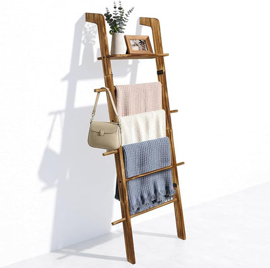 67" Wooden Blanket Ladder with Shelf and Hooks, 6-Tier Blanket Ladder for Living Room, Wall-Leaning Towel Ladder and Quilt Rack Storage, Farmhouse Decor Ladder for Display