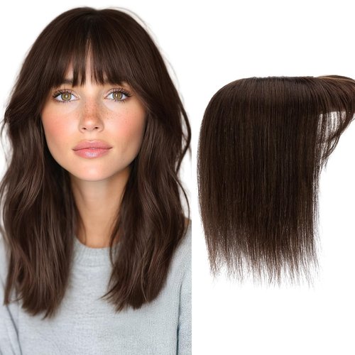 Charites Hair Toppers for Women Real Human Hair 12 Inch Long Straight Toppers for Women with Thinning 7 * 13CM Silk Base Clip in Hairpieces with Bangs (Dark Brown)