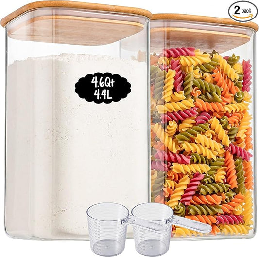 2-Pack 4.6Qt Large Glass Flour Sugar Storage Containers with Lids | Wide Mouth Design, With Measuring Cups, Minimalist Kitchen Organizer,Scandinavian Style Storage,Nordic Style Storage