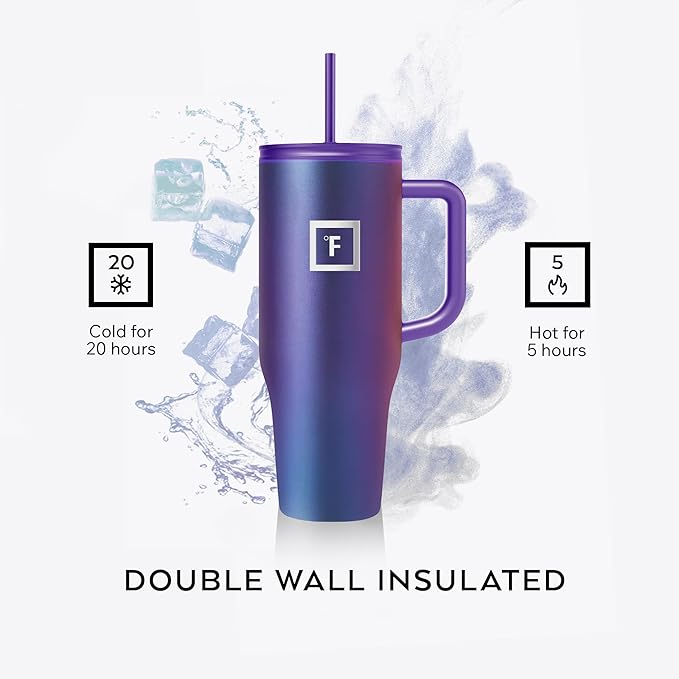 IRON °FLASK Co-Pilot Insulated Mug w/Straw & Flip Cap Lids - Cup Holder Bottle for Hot, Cold Drink - Leak-Proof - Water, Coffee Portable Travel Mug - Cashmere Cream, 40 Oz