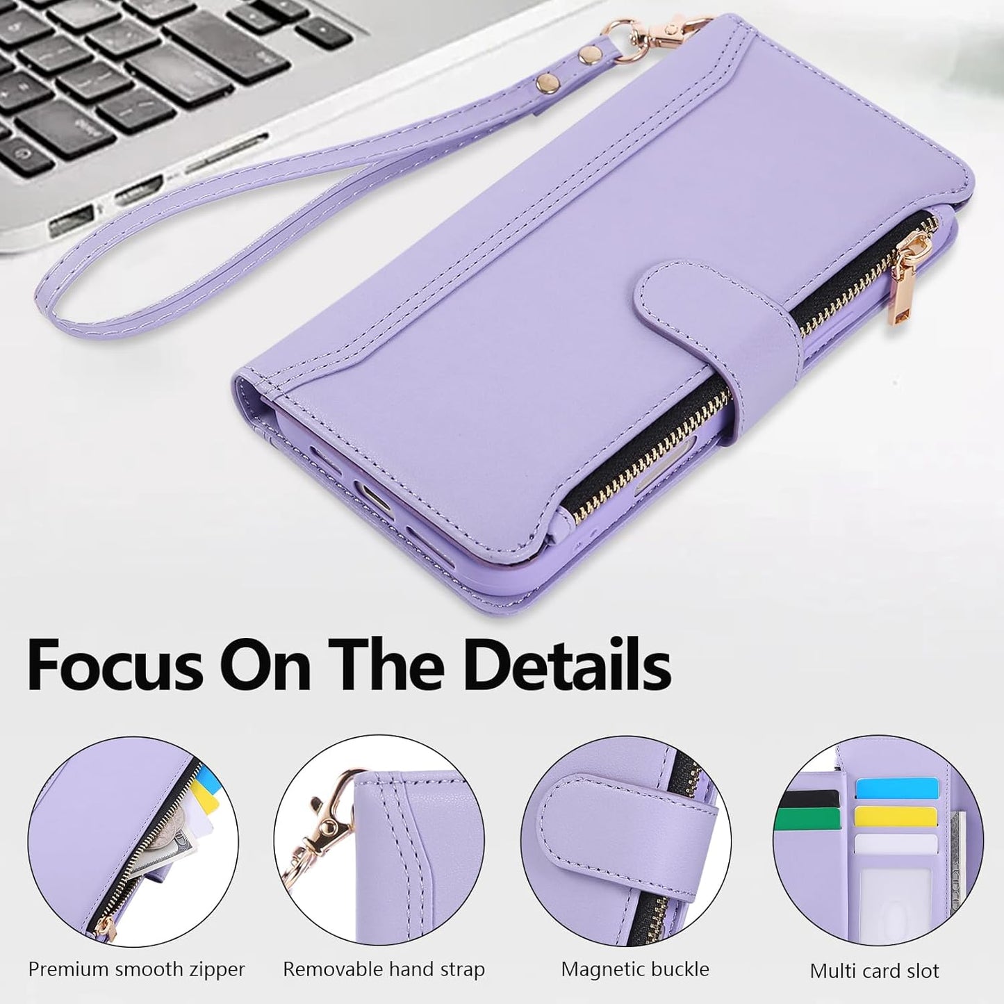 Compatible with iPhone 12/12 Pro Wallet Phone Case-PU Leather Magnetic Flip Cover with Credit Card Slots,Zipper Pocket & Detachable Wrist Strap,Shockproof Design,for Women and Men-Purple