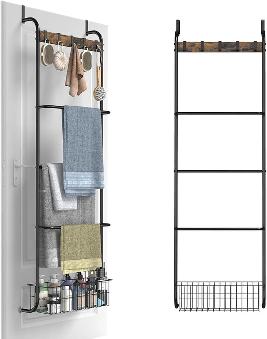 Over The Door Towel Rack,5-Tier Over Door Towel Racks for Bathroom,Towel Rack with Hooks and Basket Door Hanging,Blanket Ladder for Living Room Black