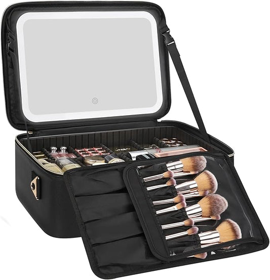 Relavel Travel Makeup Bag With LED Mirror, 16.2" Large Makeup Train Case, 3 Color Scenarios Adjustable Brightness, Waterproof Makeup Train Case Organizer with DIY Dividers for Makeup Artist, Black