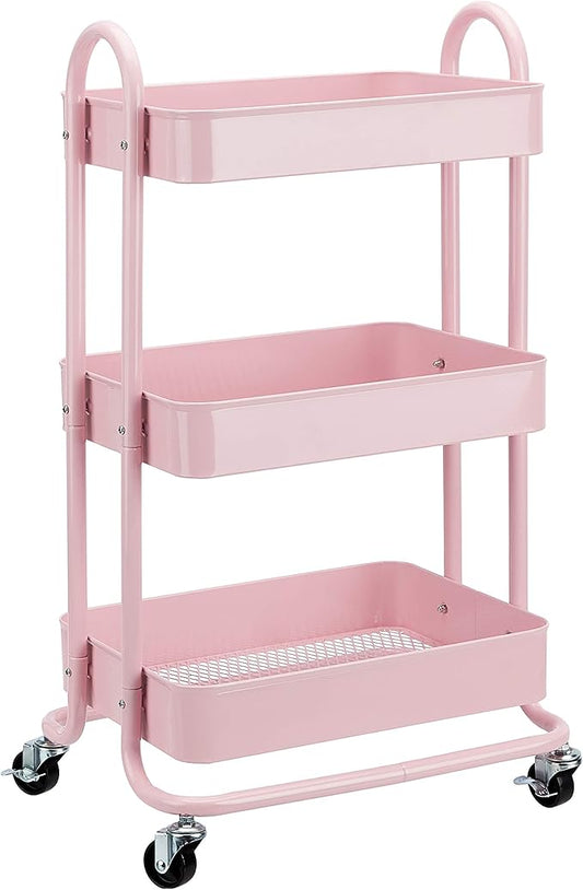 Amazon Basics 3-Tier Rolling Utility or Kitchen Cart, Lockable Wheels, Multifunctional Storage, Metal Storage Organizer, Portable, Dusty Pink