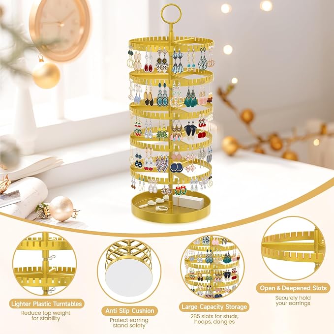 MODOWEY 5 Tier Rotating Earring Holder Organizer Display Tree with Metal Tray, Adjustable Plastic Stand with 285 Slots for Stud Hoop Hanger, Large Capacity Storage Rack for Women Space Saving, Gold